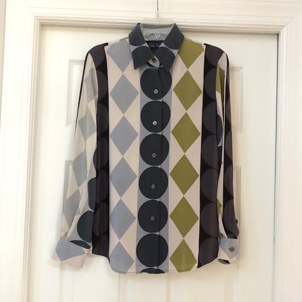 Ellen Tracy Geometric Button-Down Shirt in Olive, Gray, Black, Cream